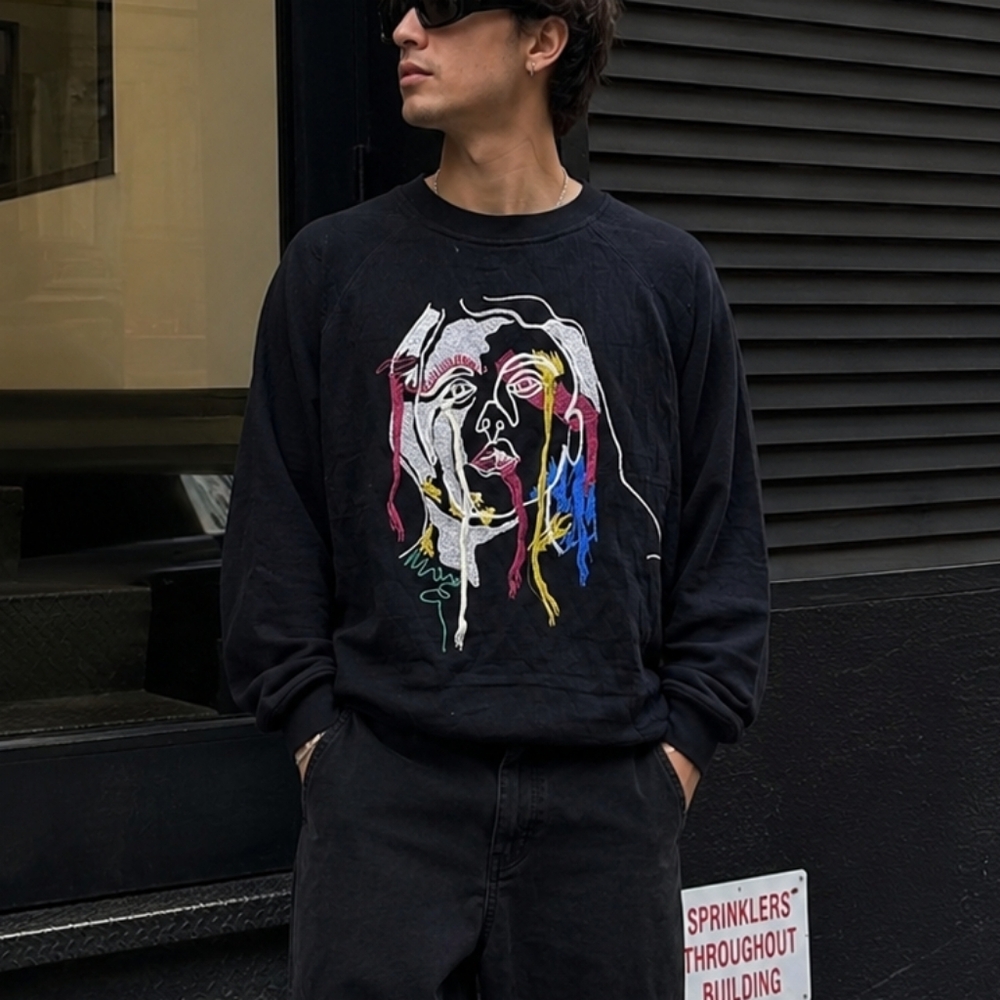 Zara Black Abstract Face Embroidered Sweatshirt Size S Oversized Artsy Pullover
